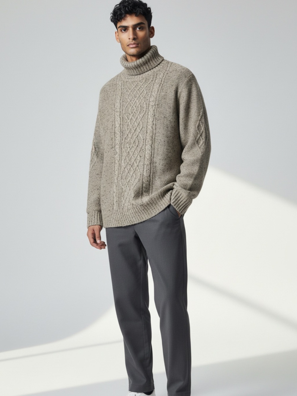 Logan Hill XL Men's Cable Turtleneck Sweater in Taupe Heather